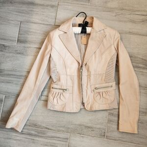 Antros biker jacket women's S cream leather mesh pastel short Made in Italy new